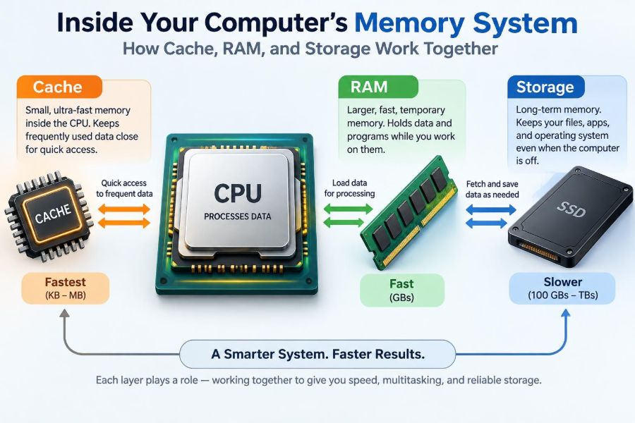 🖥️ Inside Your Computer’s Memory System: How Cache, RAM, and Storage Work Together