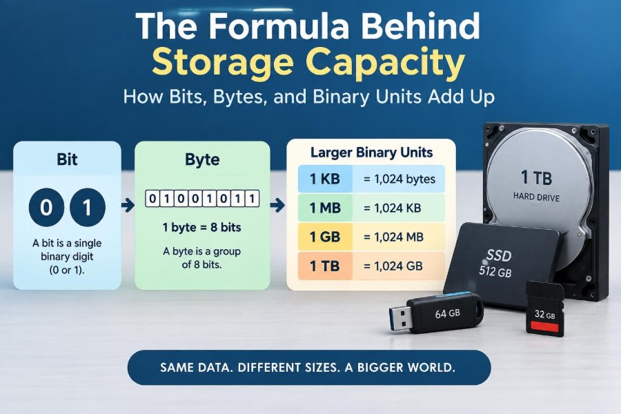 🖥️ The Formula Behind Storage Capacity: How Bits, Bytes, and Binary Units Add Up